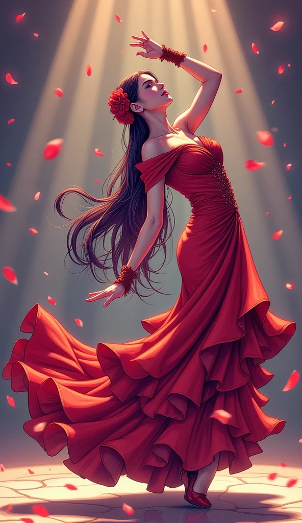 Flamenco dancer with a beautiful slender body、Bend your body backwards slightly 、Purplish brown-black hair 、 pink lips、 Red Rose Hair Ornament、Crimson Dress、Dancing on stage、The light hits、 manga anime style 、 high image quality、masterpiece、