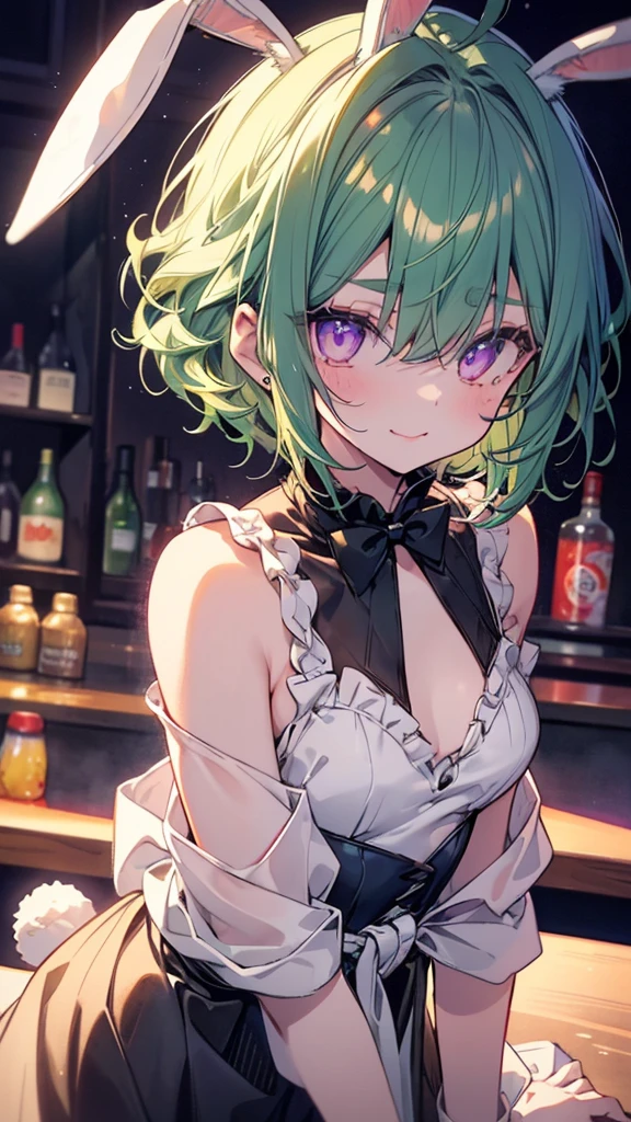 NSFW,masterpiece,Highest quality,High resolution,Super detailed,Uber\(Funeral of Frieren\),Green Hair、bangs、Hair between the eyes、Side Ponytail、Purple Eyes、Black choker、clavicle,Embarrassed,blush,Luxurious Room,pub,Private room,sofa,heart,Sexy pose