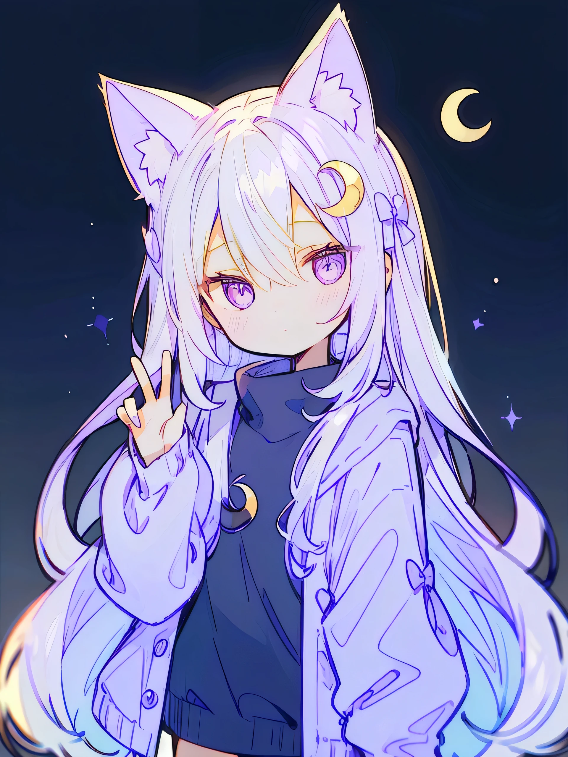  1 girl、 purple long hair、Very long hair between eyes、 purple eyes、 fashionable clothes、cat ear muffler、 crescent moon hair ornament