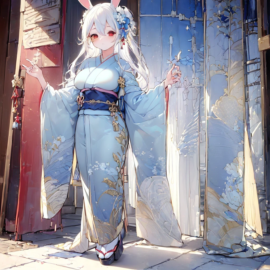 ((((Hand Repair:1.5,Foot repair:1.5)))),masterpiece,8k,(((( 1 girl)))), beautiful girl,Shrine Background,((((full body shot,very wide shot,Rabbit Ears,I'm hiding my ears with my hair)))),(((Perfect white hair, long hair))), (((((Highlight Eyes,  heterochromia, gold color right eye,red color left eye, kimono,she wearing a blue color furisode,Big Breasts, short stature))))), facing forward 
