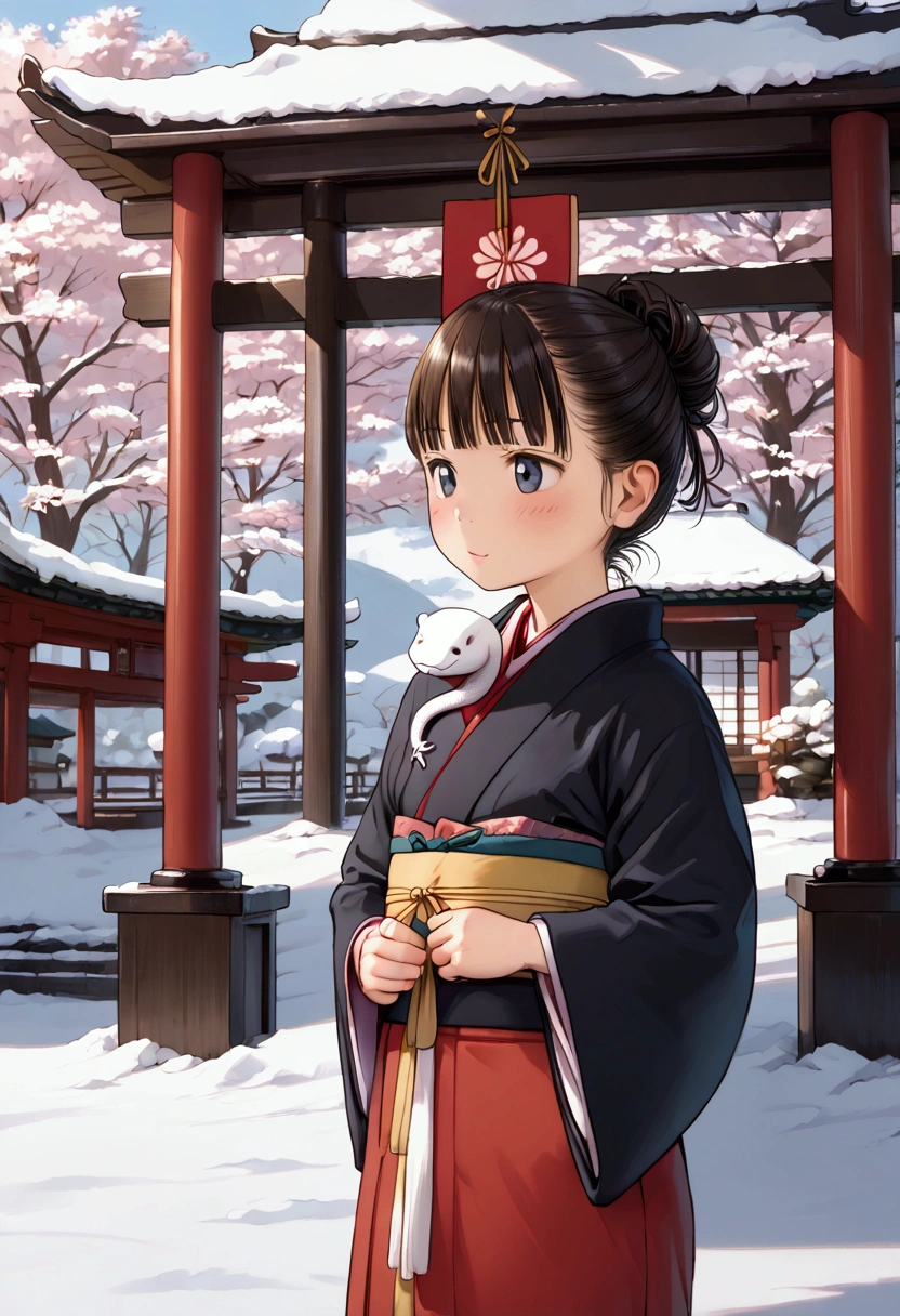 masterpiece, top quality , high res,Anatomical, detailed description ,8k,kawaii,Snow Scene,shrine,kimono,(( 1 )),Baby Face,Petite,flat body ,Long-sleeved kimono,White Snake,