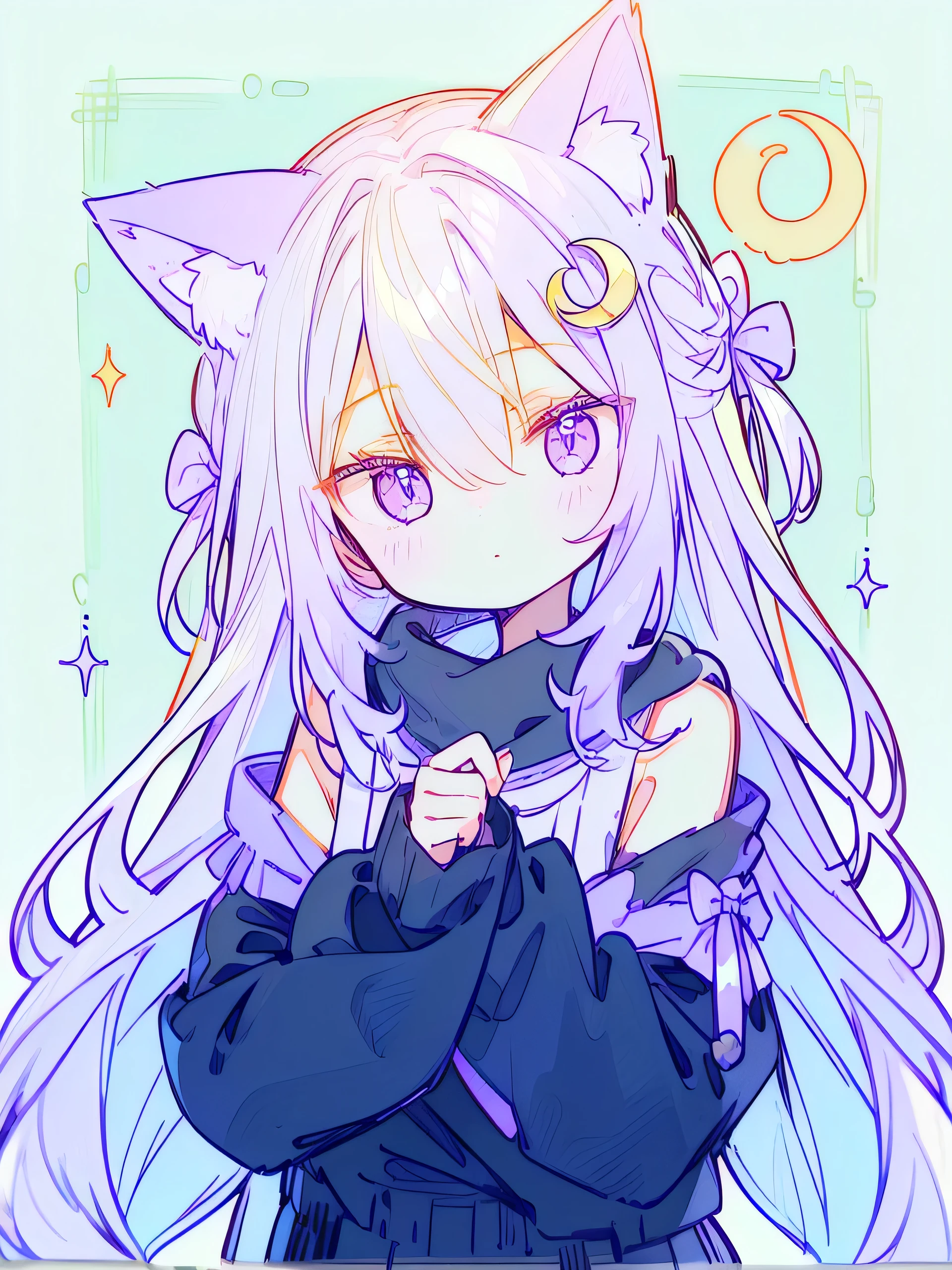 1 girl、 purple long hair、extended bangs 、 hair between eyes 、 purple eyes、 fashionable clothes、cat ear muffler、 crescent moon hair ornament