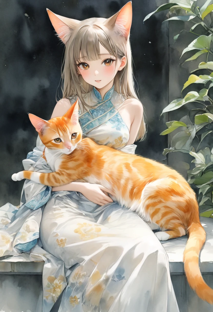 Beautiful oriental cat ear girl ，Side-sitting position .Clutching an orange cat on your lap，Shoulder to look.白色透明的Realistic畫作， Color Watercolor Rendering ， Face Texture Clear ，， Messy Stroke ，.Realistic、Super detailed、 Curved hips 、 top quality 、masterpiece、超高分辨率數位藝術影像超現實主義masterpiece最佳品質（ Perfectly correct and perfect anatomy ）