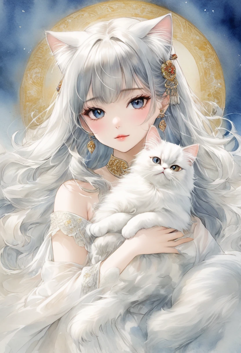 Oriental beautiful girl，A Persian cat holding a Persian cat . with cat ear ornament ，Shoulder to look.白色透明的Realistic畫作， Color Watercolor Rendering ， Face Texture Clear ，， Messy Stroke ，.Realistic、Super detailed、 Curved hips 、 top quality 、masterpiece、超高分辨率數位藝術影像超現實主義masterpiece最佳品質（ Perfectly correct and perfect anatomy ）