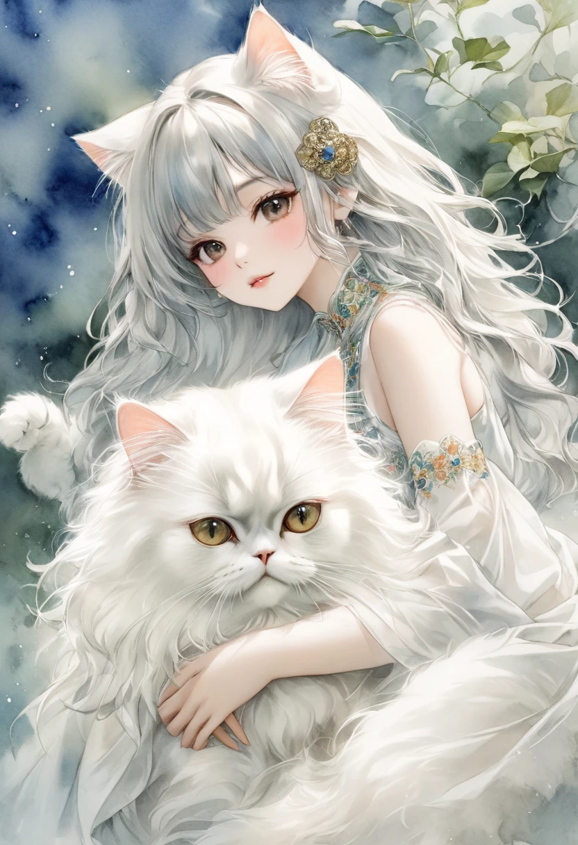 Oriental beautiful girl，A Persian cat holding a Persian cat . with cat ear ornament ，Shoulder to look.白色透明的Realistic畫作， Color Watercolor Rendering ， Face Texture Clear ，， Messy Stroke ，.Realistic、Super detailed、 Curved hips 、 top quality 、masterpiece、超高分辨率數位藝術影像超現實主義masterpiece最佳品質（ Perfectly correct and perfect anatomy ）