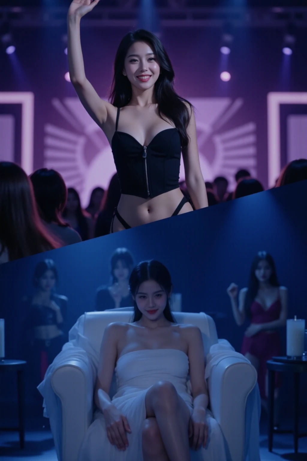 (sexual harassment,Chest grabbing,A group of boys surround a boyish girl,The boys hugged the shoulders of a boyish:1.7),(The only girl,Extremely young girl,boyish girl,Showing her crotch to the audience,random Seductive pose,Half recumbent,Lean back,Spread your legs to the sides,The crotch raised,A satisfied smile),(boy-like short hair,Hair of many colors,random color hair,Multi-colored hair,Rainbow color pick-dye,Asymmetrical hairstyle,Thick bangs),(random lace panty,There are strangulation marks on the panties,Wear over-the-knee socks)