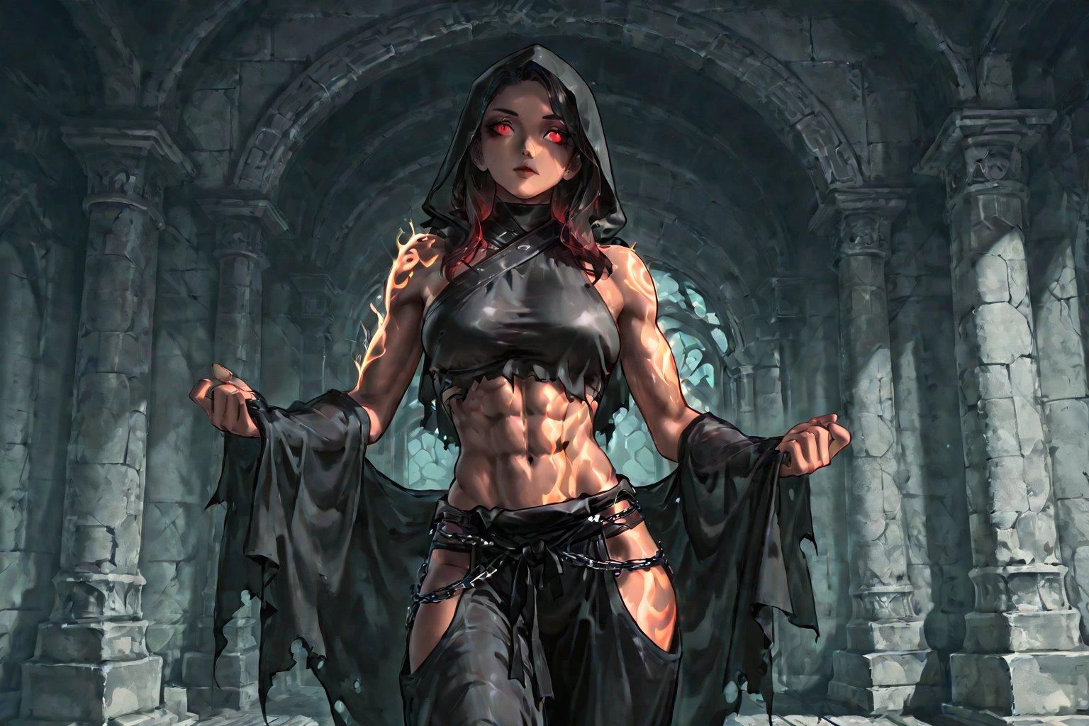 Female spirit, wearing rags, wearing chains, wearing ninja clothes, sexy, well-toned abs, ghostly lighting, mausoleum background