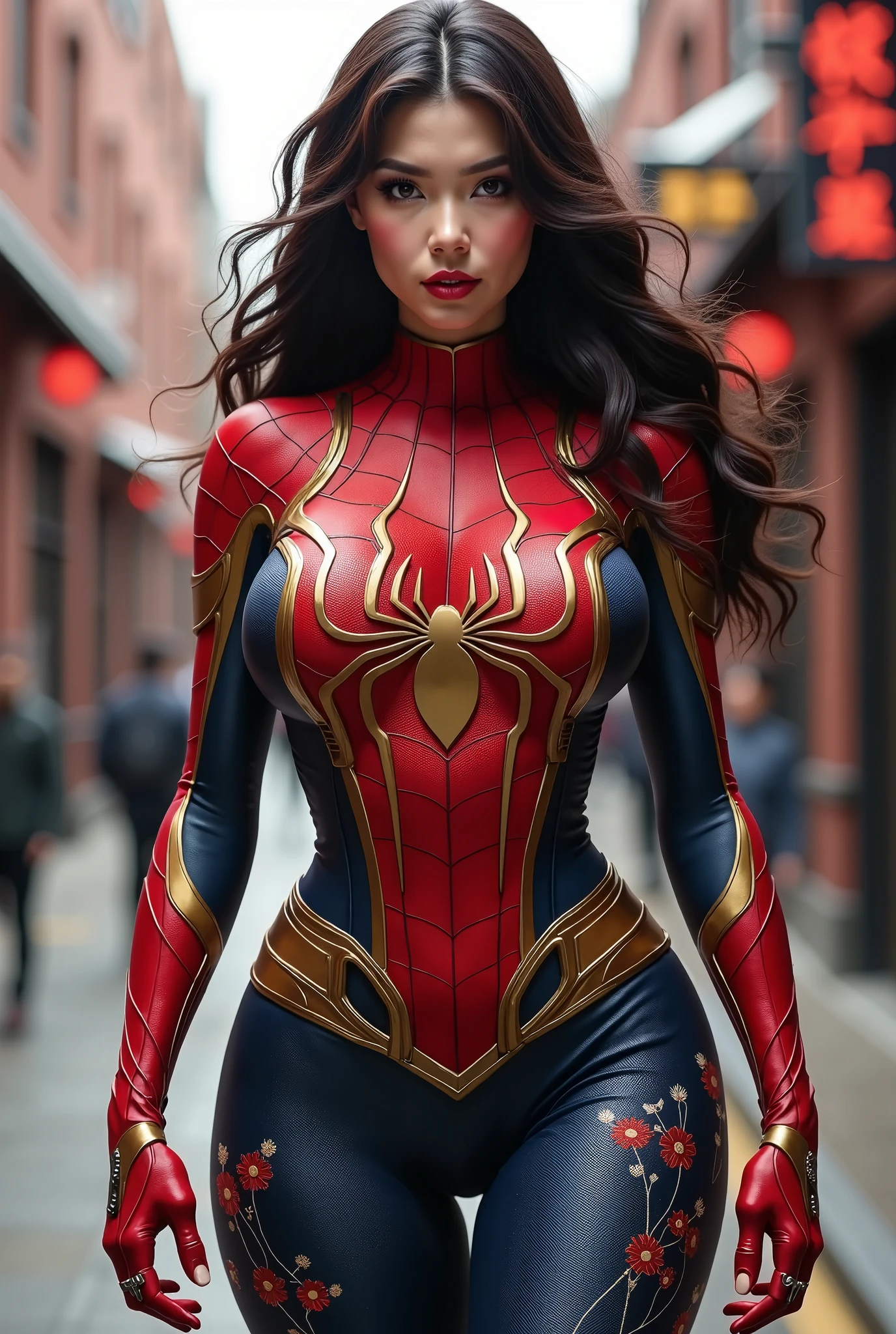 Adult Latina model Daisy Marie, topless, Sexy female dressed as Spider-Man, sexy with enormous tits, gorgeous face, beautiful, hourglass figure, highly detailed, masterpiece, 96k rendering, full moon in background, stars in sky, city lights, New York, nighttime, spider web, exsquisite MCU cinematic lighting, accurate real life face, perfect facial features, super long flowing brunette hair