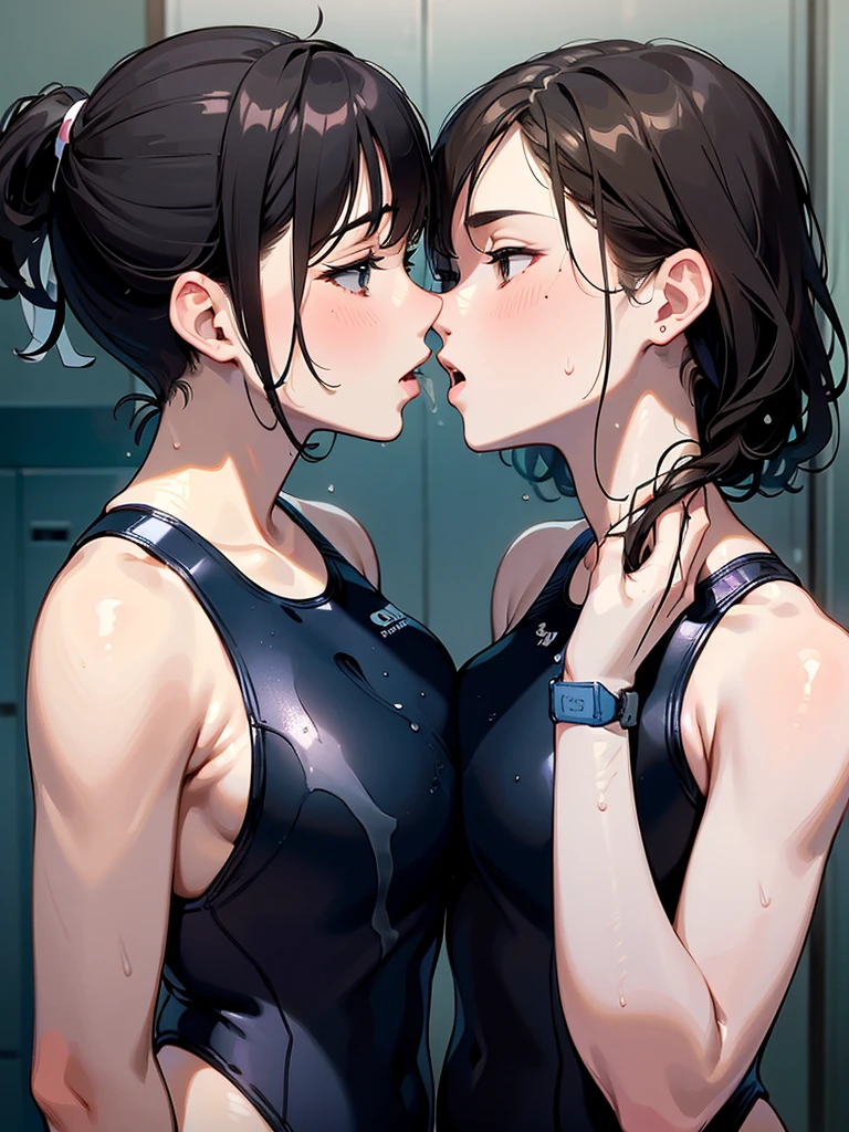 Female Boxers,((2 females)),Boxing gloves,Sportsbra,Sweat all over the body,Two people facing each other,Two people in close contact,No audience,Boxing gym,Spurling