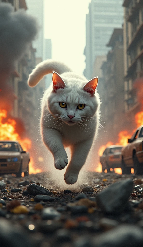 cute giant fluffy cat obliterating large city, tanks, jets, army, highrise, kicking through a building