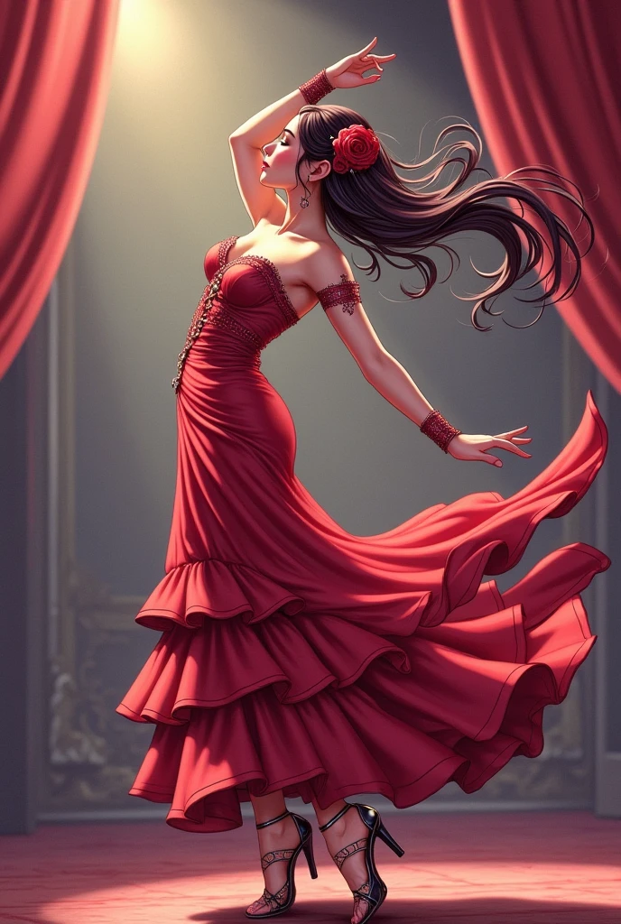 Flamenco dancer with a beautiful slender body、Bend your body backwards slightly 、Purplish brown-black hair 、 pink lips、 Red Rose Hair Ornament、Crimson Dress、Dancing on stage、The light hits、 manga anime style 、 high image quality、masterpiece、