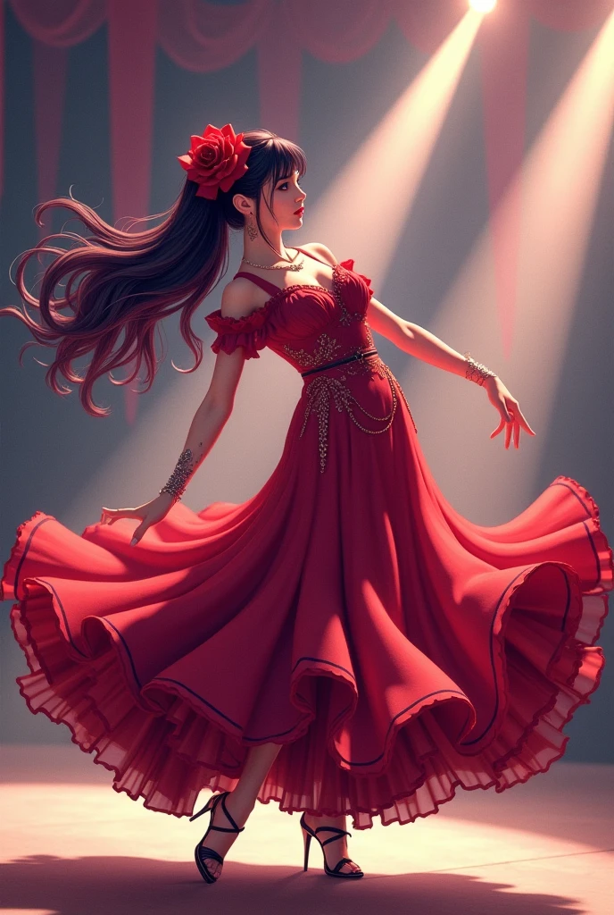 Flamenco dancer with a beautiful slender body、Bend your body backwards slightly 、Purplish brown-black hair 、 pink lips、 Red Rose Hair Ornament、Crimson Dress、Dancing on stage、The light hits、 manga anime style 、 high image quality、masterpiece、