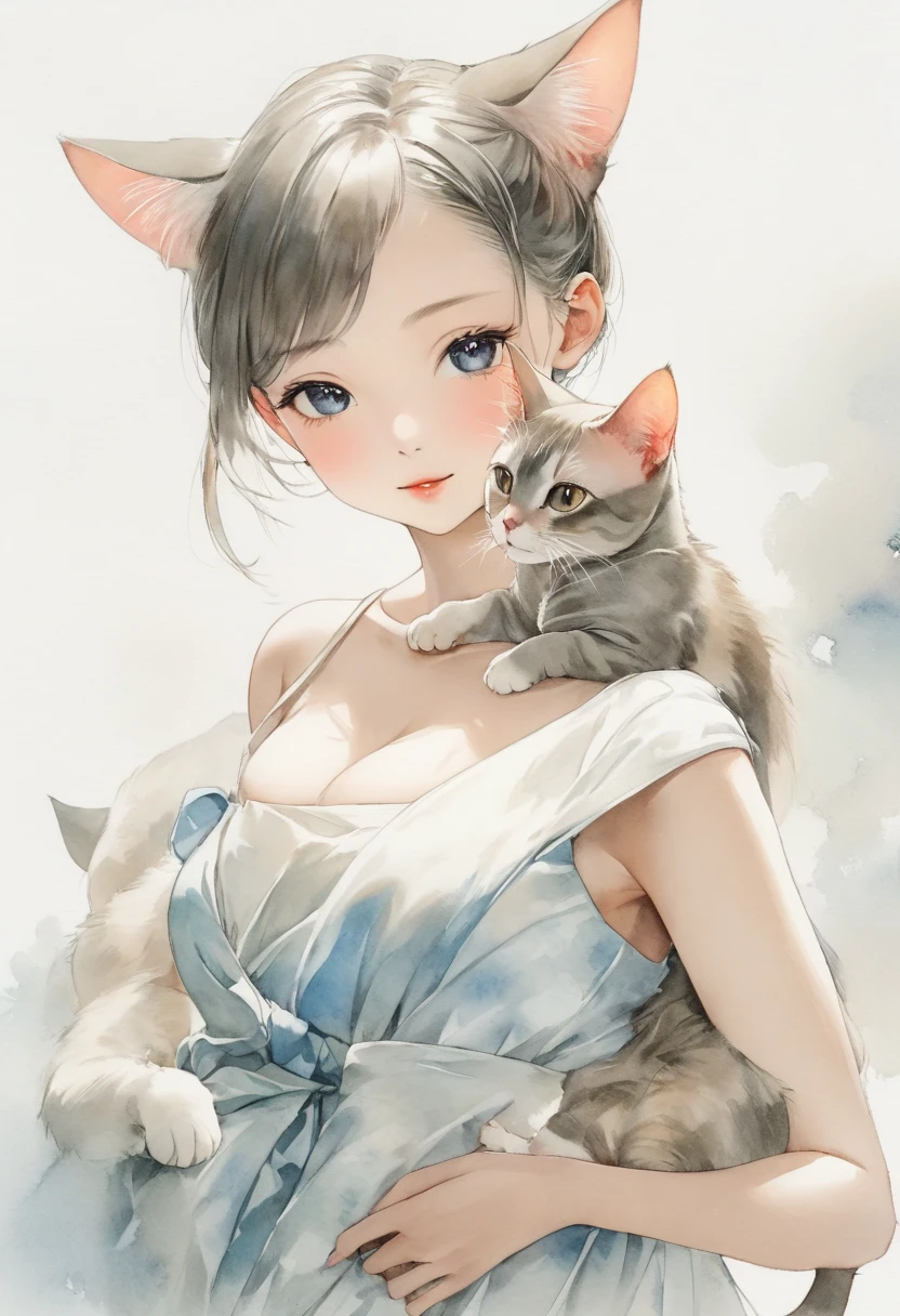 Beautiful oriental cat ear girl ，Holding a cat by the side，Shoulder to look.白色透明的Realistic畫作， Color Watercolor Rendering ， Face Texture Clear ，， Messy Stroke ，.Realistic、Super detailed、 Curved hips 、 top quality 、masterpiece、超高分辨率數位藝術影像超現實主義masterpiece最佳品質（ Perfectly correct and perfect anatomy ）