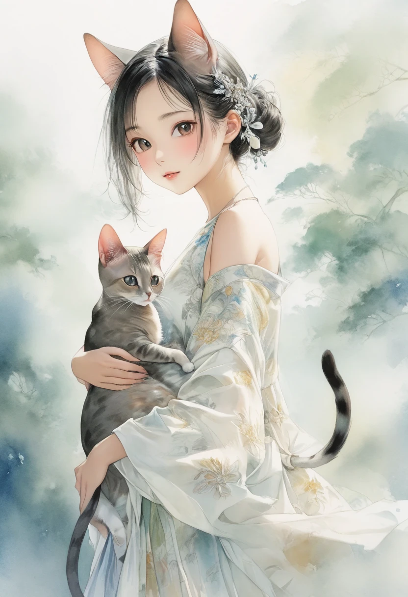 Beautiful oriental cat ear girl ，Holding a cat by the side，Shoulder to look.白色透明的Realistic畫作， Color Watercolor Rendering ， Face Texture Clear ，， Messy Stroke ，.Realistic、Super detailed、 Curved hips 、 top quality 、masterpiece、超高分辨率數位藝術影像超現實主義masterpiece最佳品質（ Perfectly correct and perfect anatomy ）