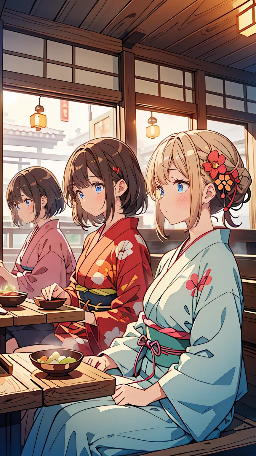 “Four young women sitting together at a small, traditional ramen shop, still wrapped in yukata after a relaxing visit to a hot spring. Their hair is slightly damp, and they look refreshed as they enjoy their steaming bowls of ramen. The shop is quaint and rustic, with a few other customers quietly eating. The warm lighting and cozy interior give a sense of calm and contentment, as the girls smile and chat softly, savoring the perfect end to their day.”