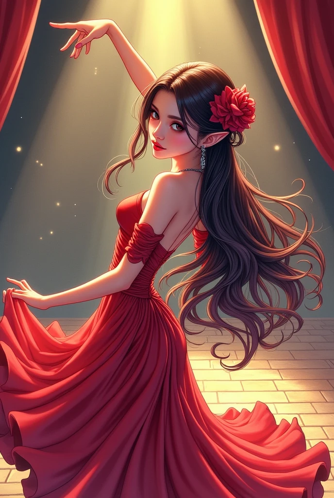 Flamenco dancer with a beautiful slender body、Bend your body backwards slightly 、Purplish brown-black hair 、 pink lips、 Red Rose Hair Ornament、Crimson Dress、Dancing on stage、The light hits、 manga anime style 、 high image quality、masterpiece、