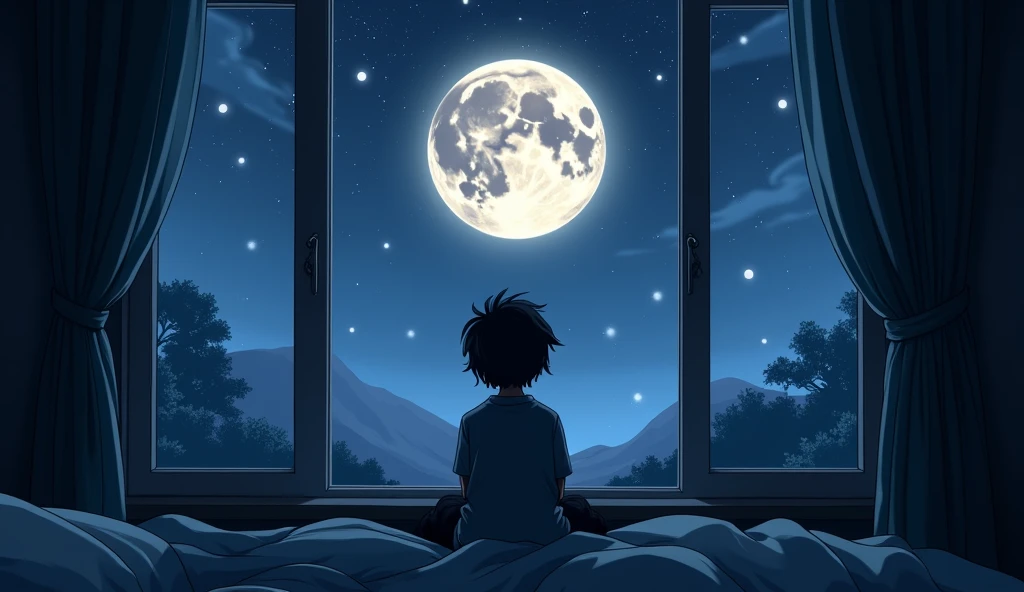 A boy who is listening a music in the middle of the night. There a a window  and in the window has a moon with full moon bright. 
A normal window. A middle class family boy.
A anime boy Boy = 
