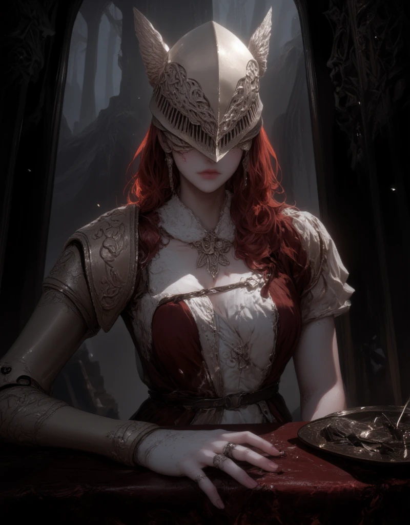 1girl look at me, white style, trump, luxury, exquisite digital illustration, dark fantasy, intricate art work, elden, ring, MaleniaNorm, covered eyes, scar, IncrsBurntScar,small breasts ,peeking out upper body, dresseing their armor, ((gigantic breasts:2.0)), dark, background black castle, black columns, reddish hair,
