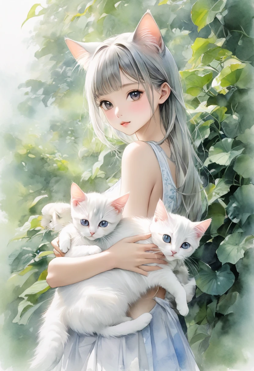 Oriental Beautiful Kitten Ear Girl，Holding a cat by the side，Shoulder to look.白色透明的Realistic畫作， Color Watercolor Rendering ， Face Texture Clear ，， Messy Stroke ，.Realistic、Super detailed、 Curved hips 、 top quality 、masterpiece、超高分辨率數位藝術影像超現實主義masterpiece最佳品質（ Perfectly correct and perfect anatomy ）