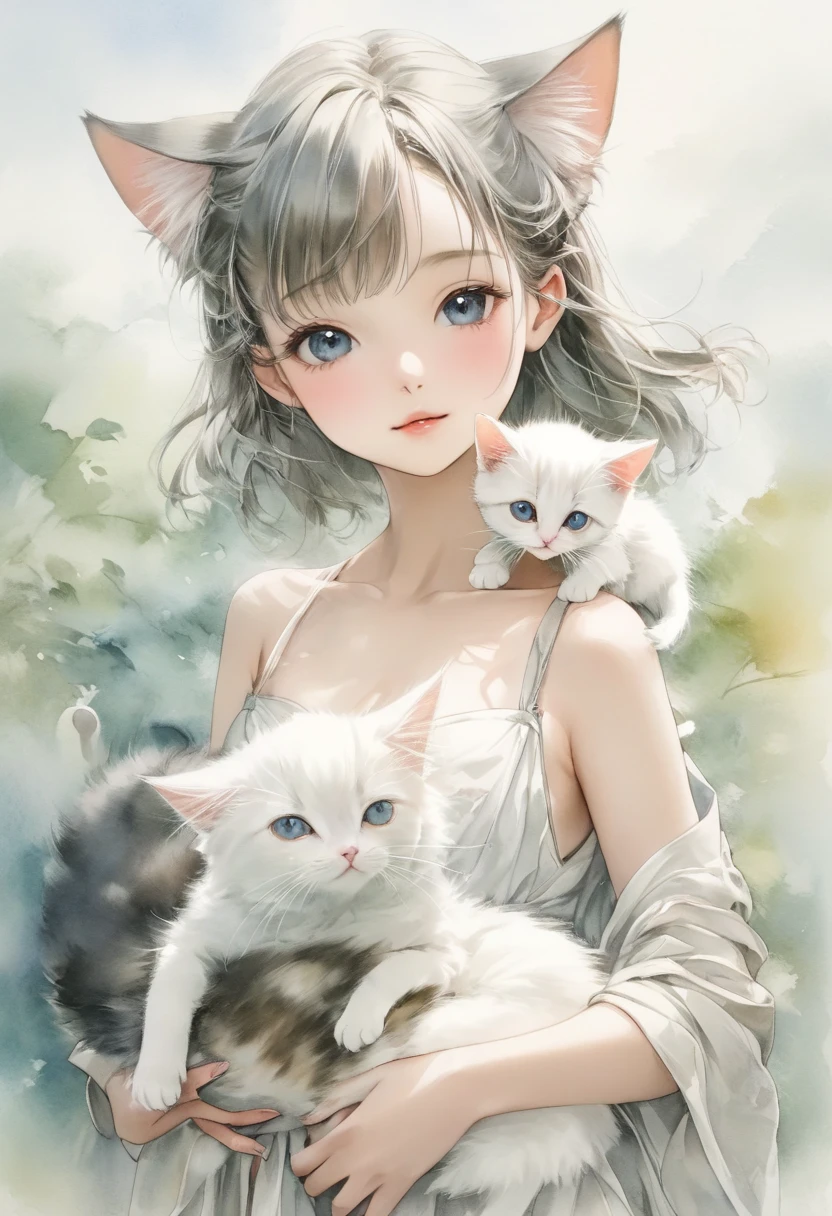 Oriental Beautiful Kitten Ear Girl，Holding a cat by the side，Shoulder to look.白色透明的Realistic畫作， Color Watercolor Rendering ， Face Texture Clear ，， Messy Stroke ，.Realistic、Super detailed、 Curved hips 、 top quality 、masterpiece、超高分辨率數位藝術影像超現實主義masterpiece最佳品質（ Perfectly correct and perfect anatomy ）