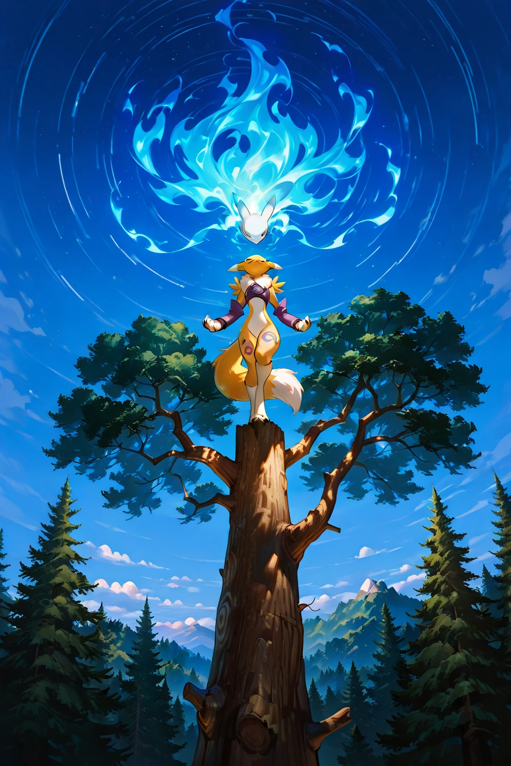 [char1="girl:1.4, furry, solo, renamon:1.5, detailed eye, perfect fur texture, stands on one foot, ninja's mudra, {blue eyes|closed eyes, meditation}, surrounded bly blue flame, fatui's flames,"] char1 is on top a tree trunk, aerial shot, high detailed, (close to char1 shot) masterpiece, breathtaking, sdxl, trending art, deep of view, aerieal forest background, far from the ground,