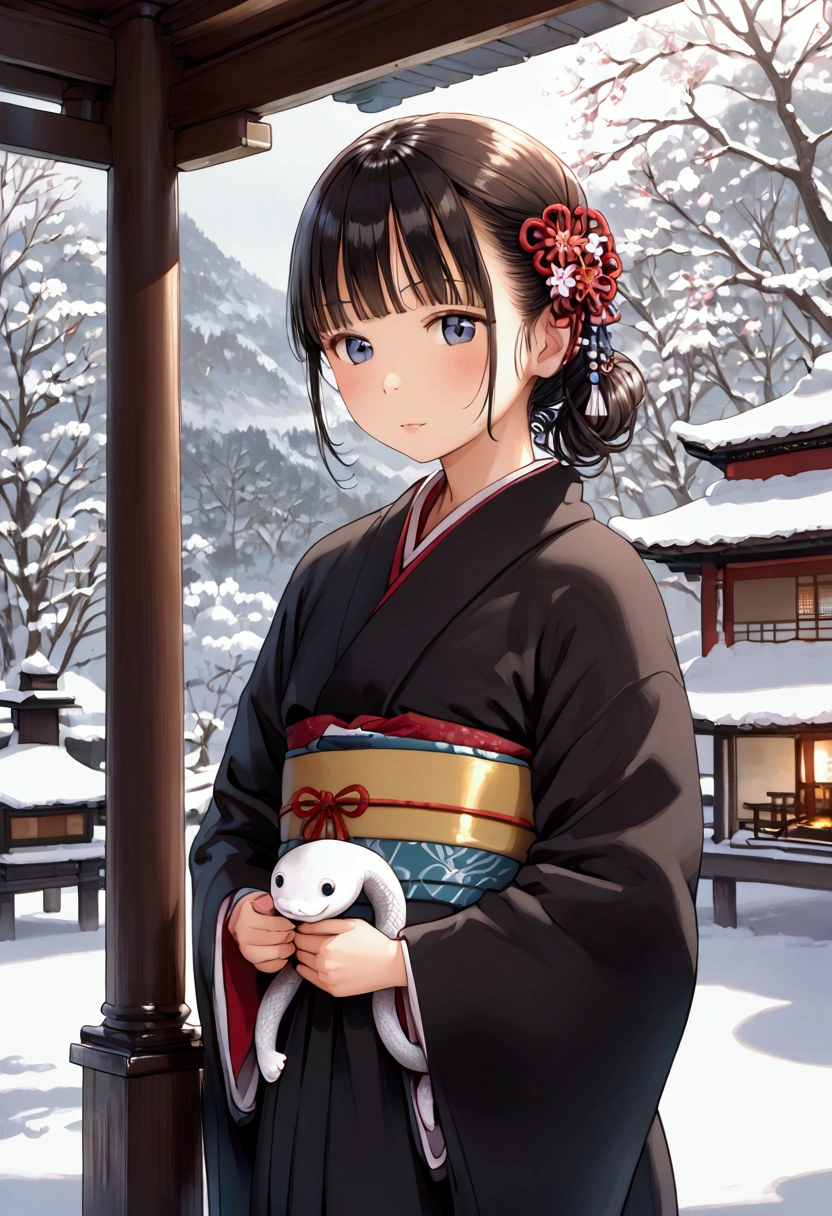 masterpiece, top quality , high res,Anatomical, detailed description ,8k,kawaii,Snow Scene,shrine,kimono,(( 1 )),*********,Petite,flat body ,Resplendent Furusode,White Snake,