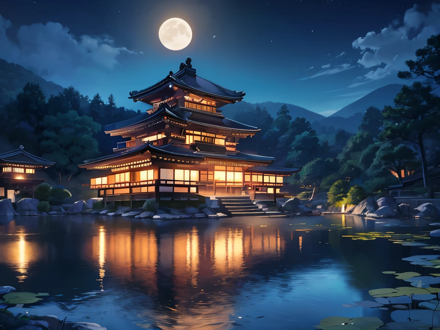 Illustration showing Kinkakuji Temple and its pond and the moon floating in a completely dark sky