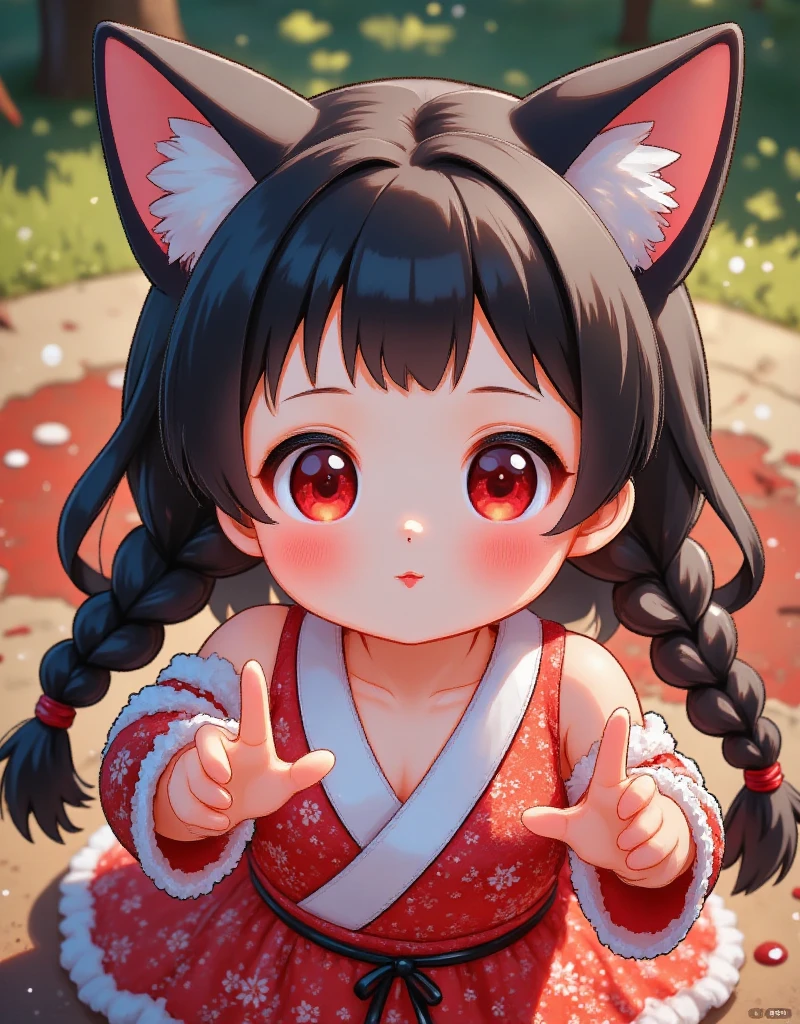 good work, (best quality), illustration, depth of field, (color),masterpiece,best quality,petite,cute,loli, kawaii,1girl, hoshimi miyabi, zenless zone zero, rei \(sanbonzakura\), from above,animal ear fluff, fox ears, fox girl, depth of field,solo, long hair, looking at viewer, bangs, black hair, red eyes, animal ears, upper body, braid, japanese clothes, blurry, twin braids, reaching towards viewer,Bandage_strapless,Shoulders, navel,open clothes,Lying in a pool of blood
