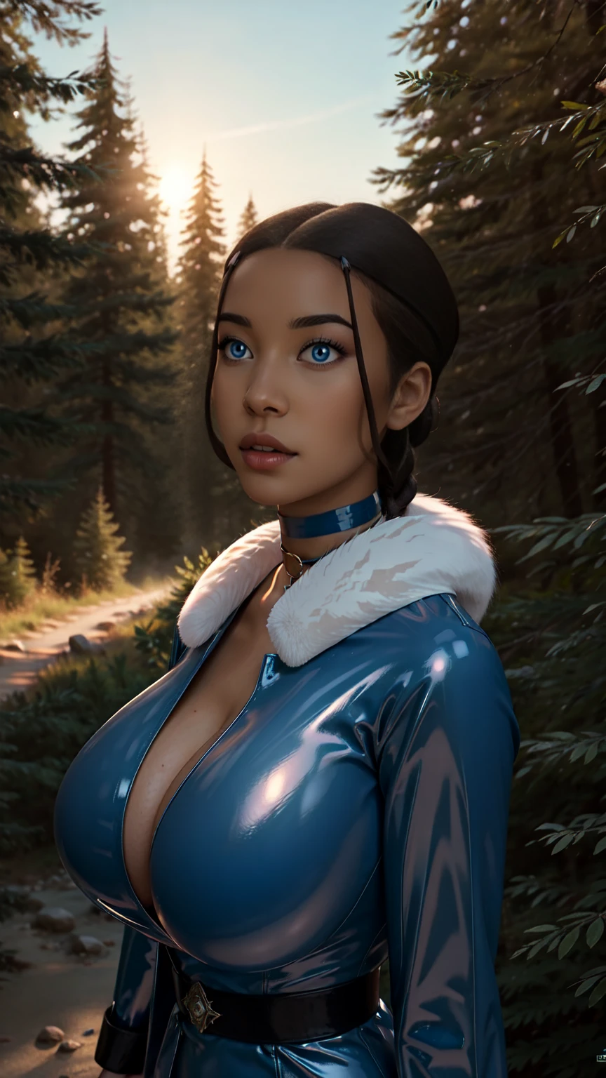 1 Female,High definition,high resolution,Ultra-realistic,8K,1 Female,High definition,high resolution,Ultra-realistic,8K,katara, , dark brown hair,blue eyes, braid, choker, jewelry,big breast, blue latex coat with white fur, stand in a Forest