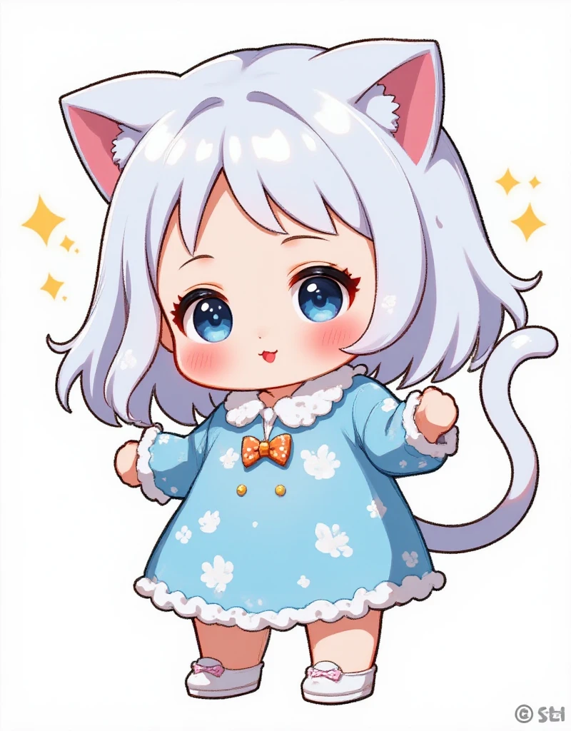 chen_bin,tsubasa_tsubasa,1girl, animal ears, tail, blue eyes, cat ears, solo, white hair, cat tail, cat girl, smile, full body, white footwear, long hair, looking at viewer, long sleeves, open mouth, bangs, shoes, cat shoes, :d, oversized shirt, blush, simple background, standing, animal ear fluff, cat pattern