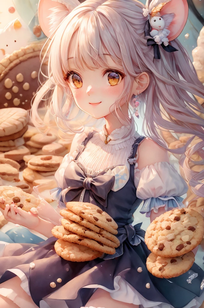 8K resolution, (masterpiece) (highest quality) Smiling girl with a bunch of cookies and a cat, splash art, soft animated illustration, cute girl visual, magical girl portrait, decoration inspired illustration, candy, magical girl, white cat girl, beautiful mouse - girl, magical girl style, colorful art