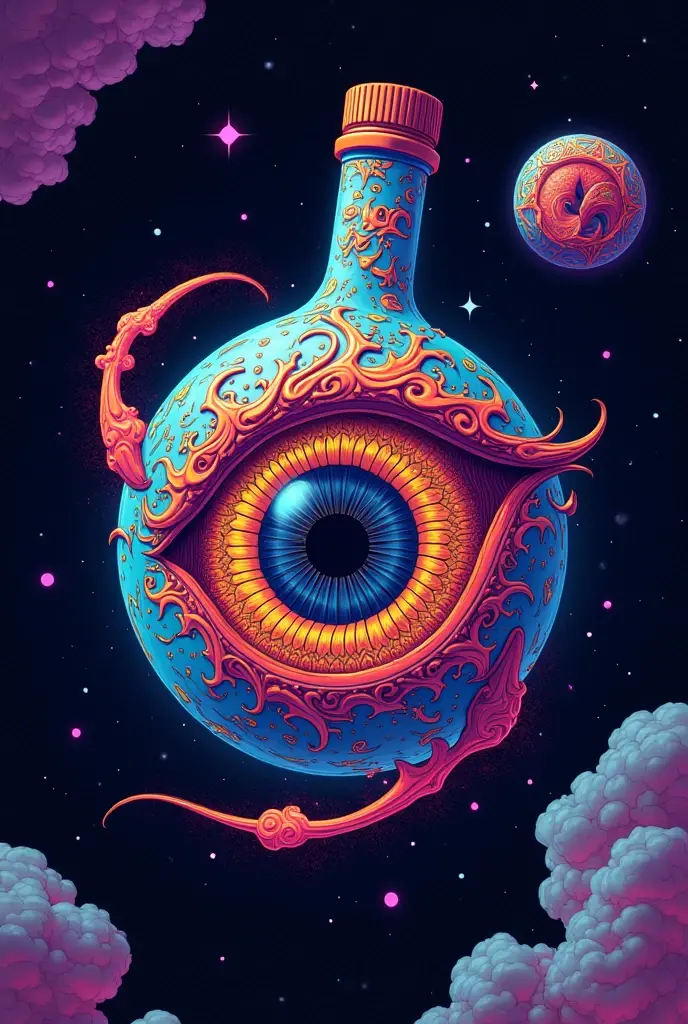 psychedelic eyeball on hot sauce bottle floating space