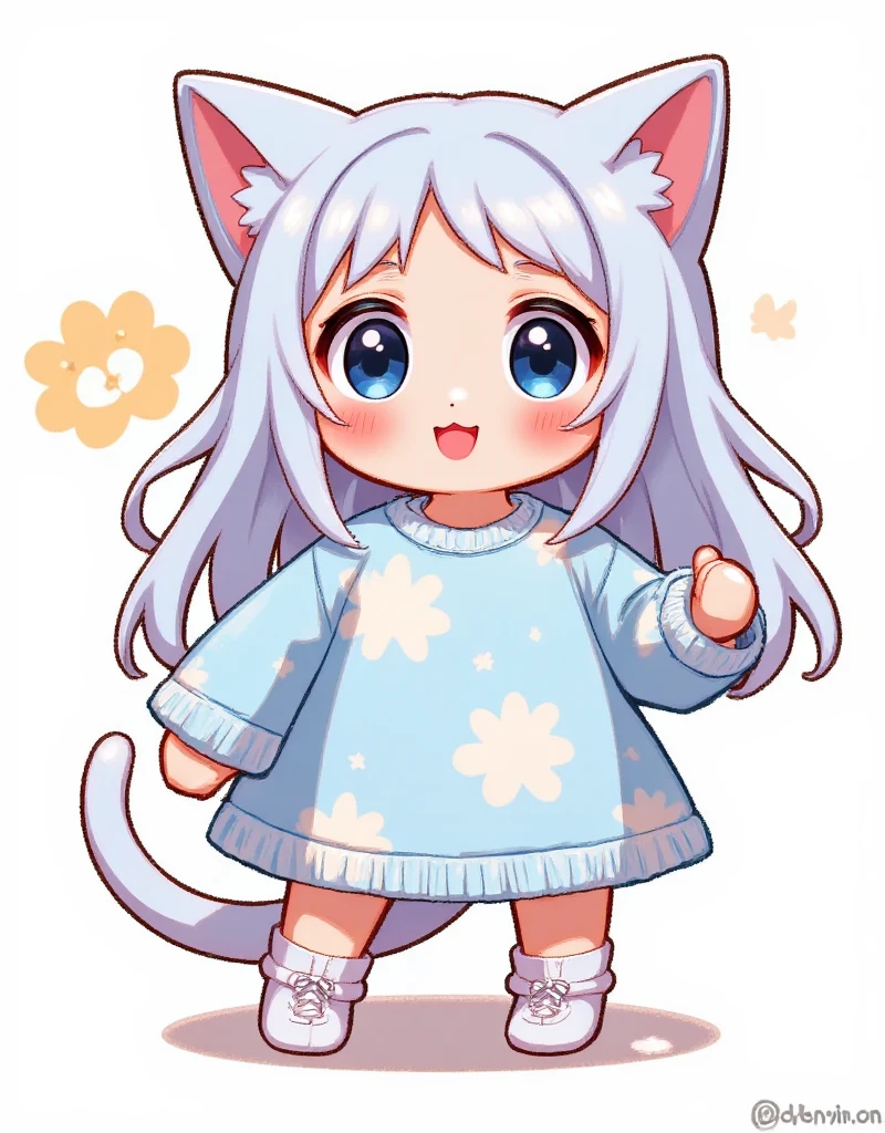 chen_bin,tsubasa_tsubasa,1girl, animal ears, tail, blue eyes, cat ears, solo, white hair, cat tail, cat girl, smile, full body, white footwear, long hair, looking at viewer, long sleeves, open mouth, bangs, shoes, cat shoes, :d, oversized shirt, blush, simple background, standing, animal ear fluff, cat pattern