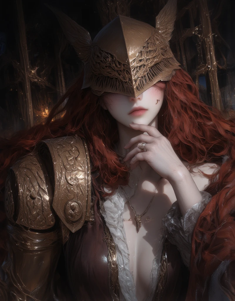 1girl look at me, white style, trump, luxury, exquisite digital illustration, dark fantasy, intricate art work, elden, ring, MaleniaNorm, covered eyes, scar, IncrsBurntScar,small breasts ,peeking out upper body, dresseing their armor, ((gigantic breasts:2.0)), ((hyper breasts)), dark, background black castle, black columns, reddish hair,
