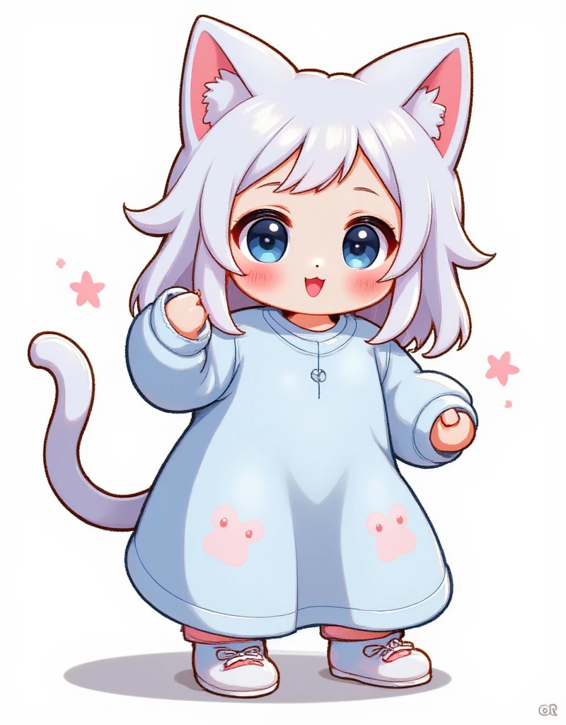 chen_bin,tsubasa_tsubasa,1girl, animal ears, tail, blue eyes, cat ears, solo, white hair, cat tail, cat girl, smile, full body, white footwear, long hair, looking at viewer, long sleeves, open mouth, bangs, shoes, cat shoes, :d, oversized shirt, blush, simple background, standing, animal ear fluff, cat pattern