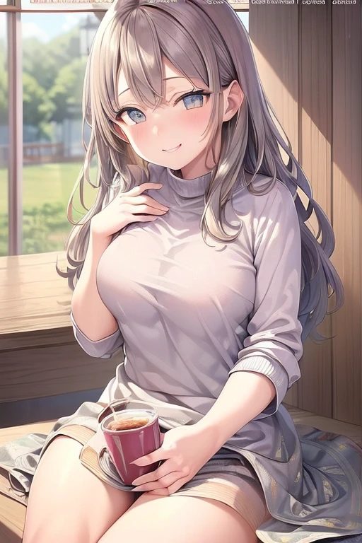 (from below:1.2),((1girl, silver hair, long hair, qutel blue eyes, beautiful eyes, pretty smile:1.5, ), young woman in a sweater sitting in a wooden booth with food on a table, indoors, looking at viewer, sweater, both hands covering mouth, happy, multiple boys, cup, long hair, drinking glass, sitting, brown hair (military magazine cover:1.3),(with sparkling eyes and a contagious smile),her thin pubic hair:1.2, looking at viewer
