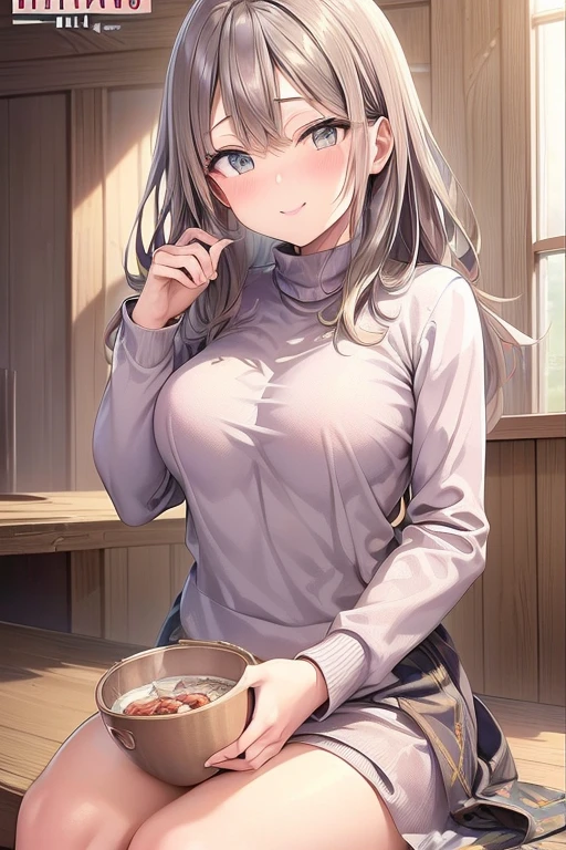 (from below:1.2),((1girl, silver hair, long hair, qutel blue eyes, beautiful eyes, pretty smile:1.5, ), young woman in a sweater sitting in a wooden booth with food on a table, indoors, looking at viewer, sweater, both hands covering mouth, happy, multiple boys, cup, long hair, drinking glass, sitting, brown hair (military magazine cover:1.3),(with sparkling eyes and a contagious smile),her thin pubic hair:1.2, looking at viewer
