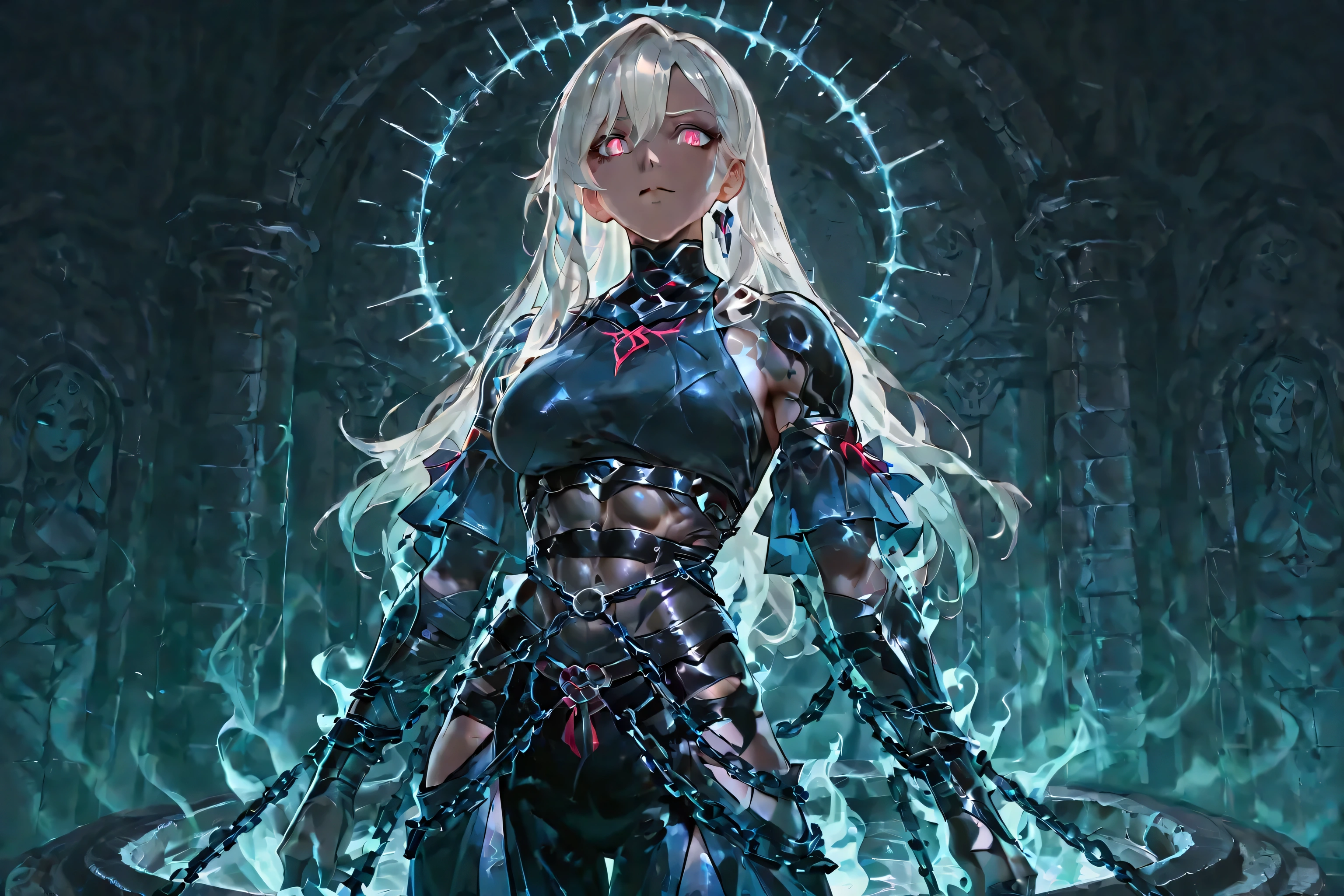 Female spirit, bound in many chains, wearing tattered ninja clothes, sexy, well-toned abs, ghostly lighting, mausoleum background