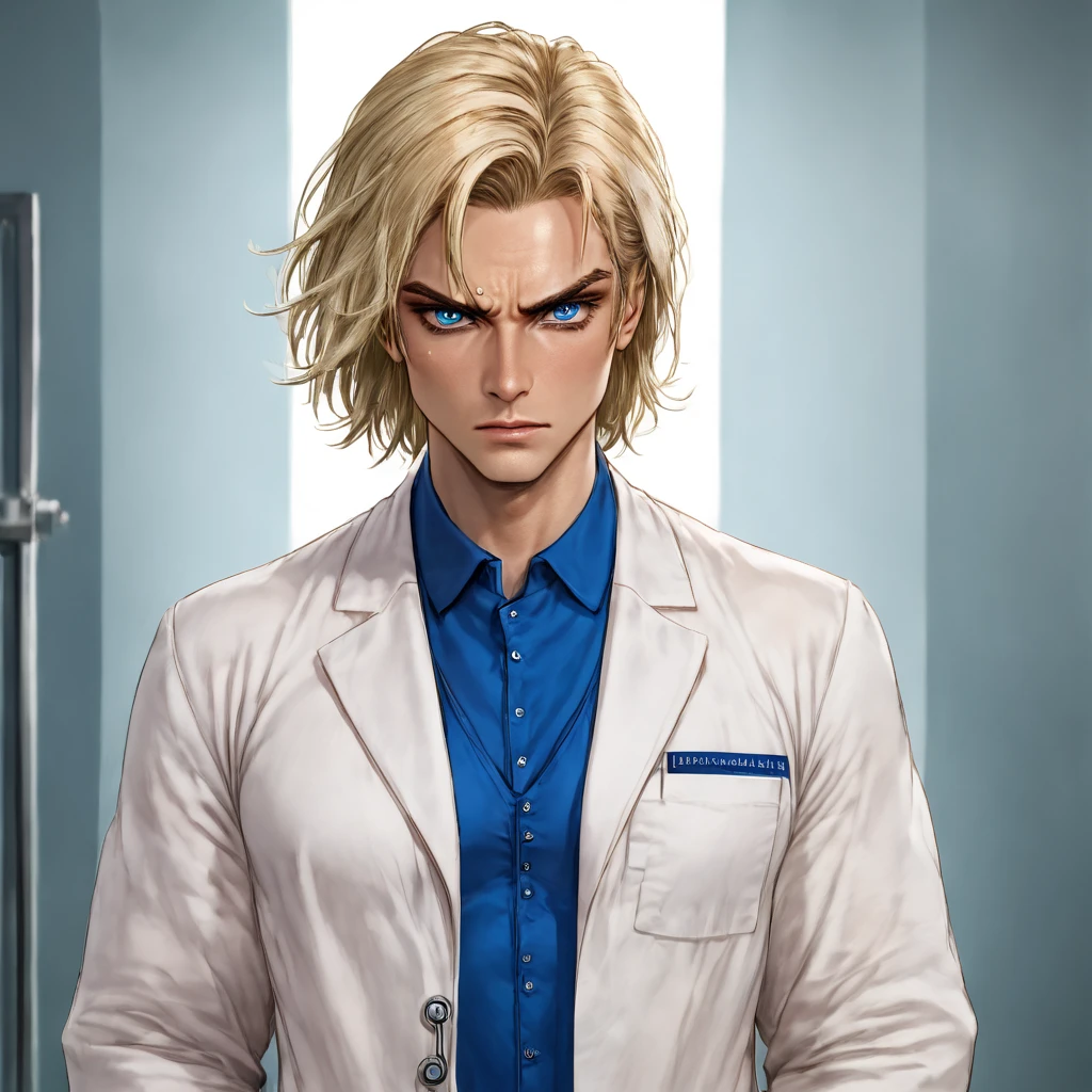 man, doctor,  beautiful ,  blond hair ,  blue eyes , age 30 years, brutal, serious