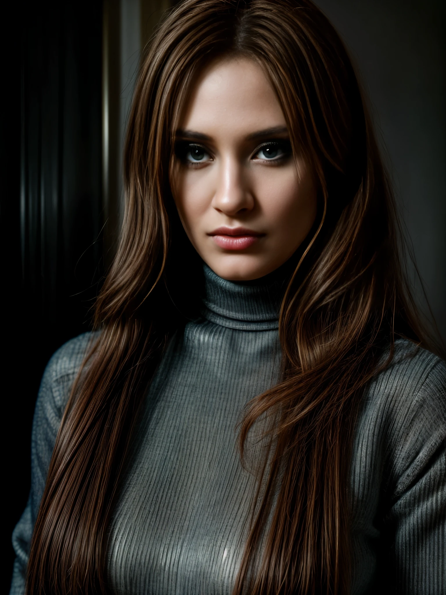 a woman wearing turtleneck, beautiful detailed eyes, beautiful detailed lips, extremely detailed face, long hair, portrait, oil painting, warm lighting, vibrant colors, (best quality,4k,8k,highres,masterpiece:1.2),ultra-detailed,(realistic,photorealistic,photo-realistic:1.37),intricate details,chiaroscuro,dramatic lighting,cinematic,cinematic lighting