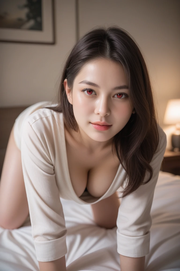 (score_9, score_8_up, score_7_up, source_real, high quality, best quality, masterpiece:1.3), (high quality, photo, photorealism:1.2), detailed face, detailed skin, detailed eyes, BREAK, sexy girl, reality, movie lighting, volume lighting, ray tracing, shiny skin, soft lighting, realistic skin, blum effect, masterpiece, eyes of absolute detail, eye-catching, concept art, reality, 1 girl, in bed, crawling on all fours, wide white shirt, red eyes, large breasts, long black hair, in front of the camera, Yor Forger,