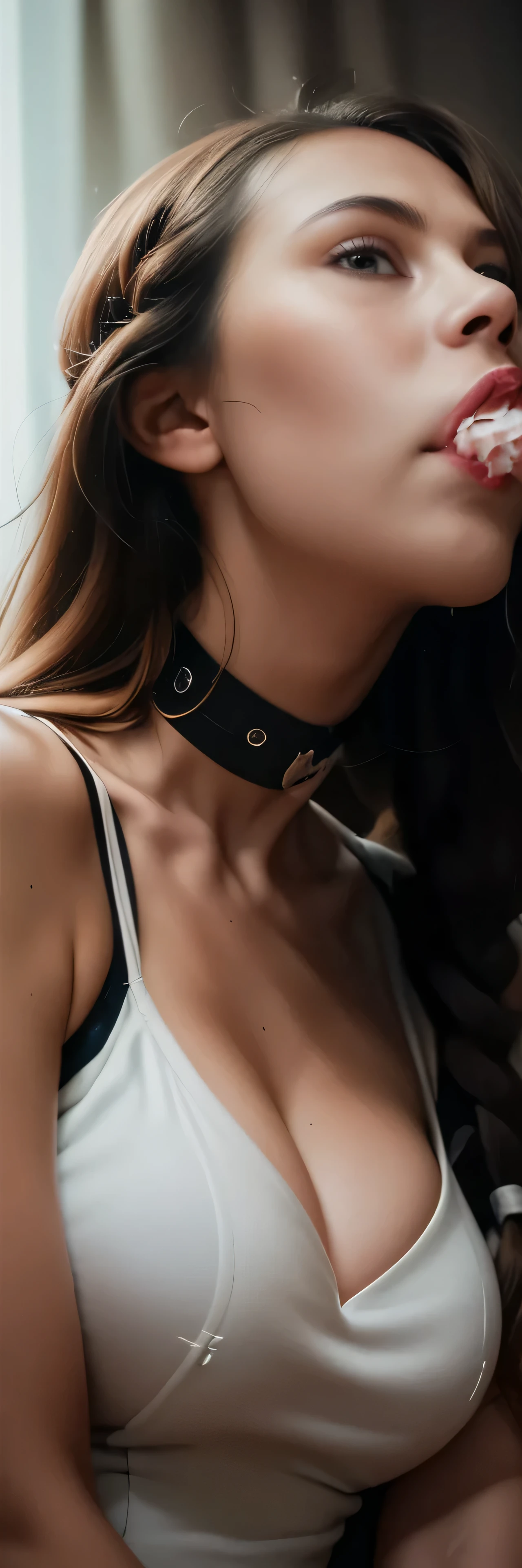 A woman with a choker that reads "daddy's pet" , photorealistic, hyper detailed, 8k, cinematic lighting, dramatic angle, masterpiece