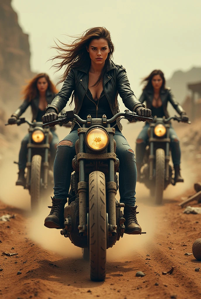 A photorealistic photo of a post-apocalyptic wasteland. A woman rides a motorcycle fast. She is dressed modern but in old, worn and damaged clothes. The motorcycle is of the ADV type, damaged and repaired from possible available parts. It has extra tube guards. A woman flees a massive sandstorm. Huge flashes of lightning can be seen in the storm in the distance. The photo has beautiful lighting, best quality, realistic, full body, real picture, intricate details, depth of field, 1girl, Fujifilm XT3, outdoors, day, cloudy, RAW photo, 8k uhd, film grain, and bokeh effects.