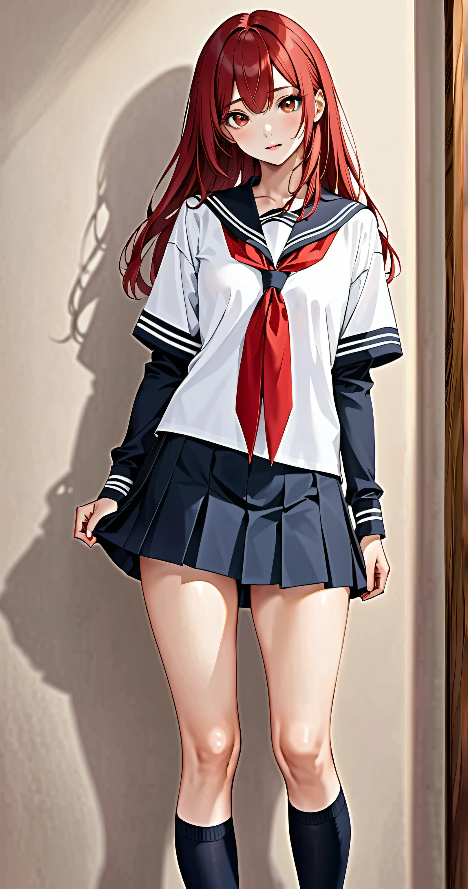 masutepiece、Best Quality、hight resolution、tre anatomically correct、(((JK school uniform)))、pleatedskirt、Short miniskirt、(Vibrant colors：1.2)、(​masterpiece：2.0)、onepiece、Uta、left red hair、right gray hair、(((Not wearing pants)))、divine spirit、Flushed cheeks、Shy face、Beautiful girl in every detail、Body shining with sweat、Wet、Seductive thighs、sexy  pose、(round breasts：1.5)、Perfect style、Slimed、Hard nipples、School rooftop、Hair fluttering in the wind、I hold down my skirt as it flips in the wind、Navel、((Open the chest))、Perfect style、Slimed