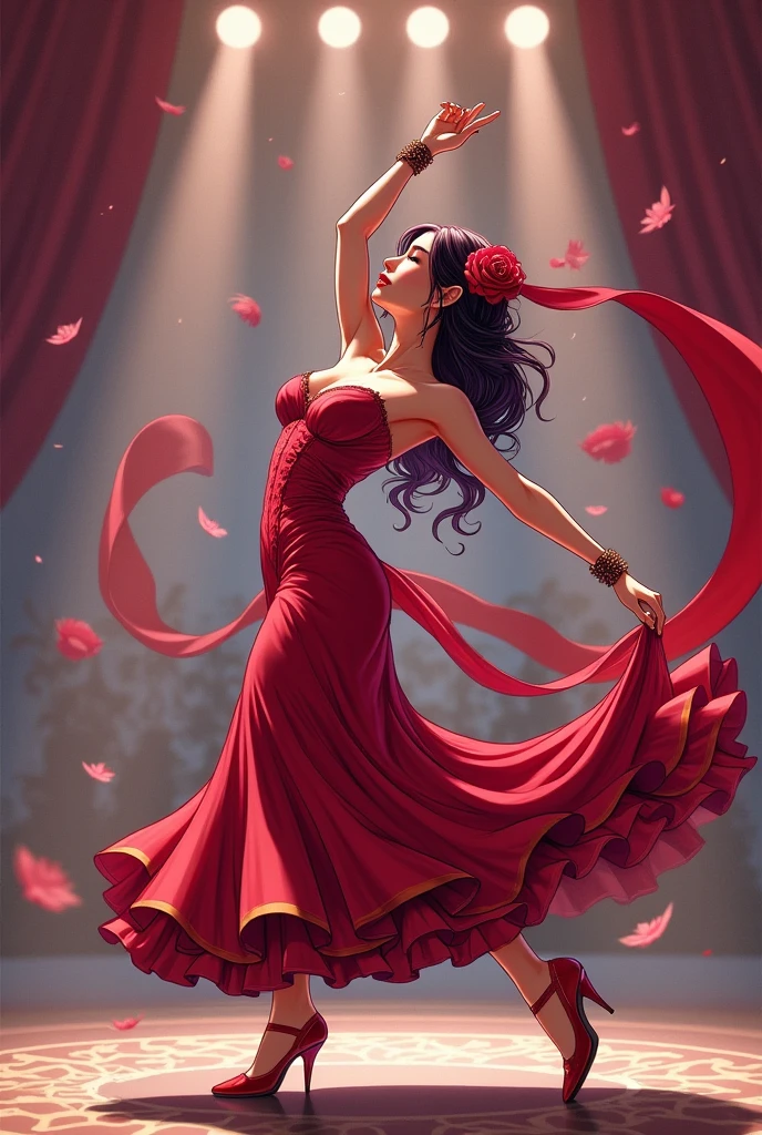 Flamenco dancer with a beautiful slender body、Bend your body backwards slightly 、Purplish brown-black hair 、 pink lips、 Red Rose Hair Ornament、Crimson Dress、Dancing on stage、The light hits、 manga anime style 、 high image quality、masterpiece、