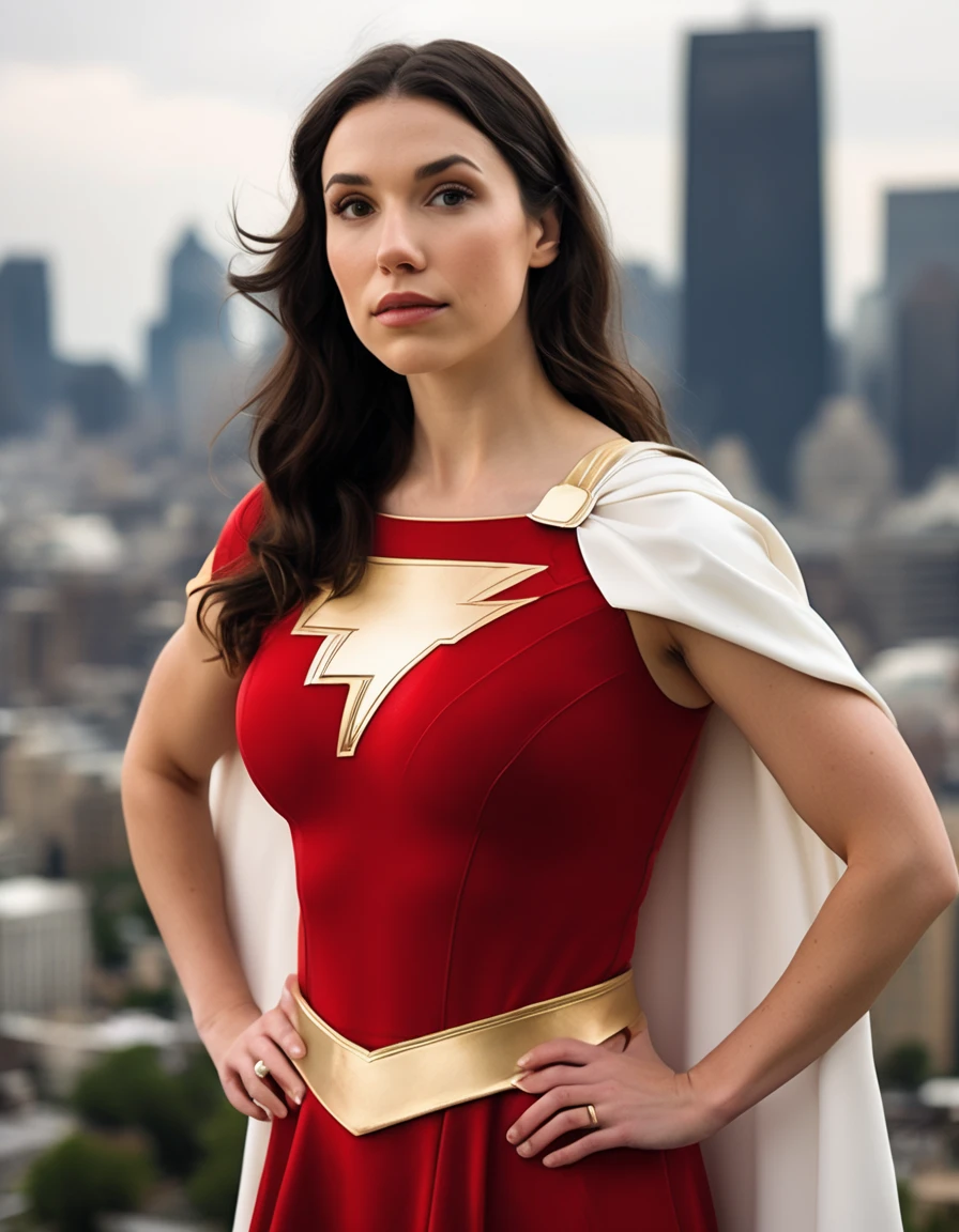 professional portrait photo of Grccrlncrry woman, looking at the camera, highly detailed, skin texture, ((mary marvel)), white cape, red dress, (red skirt), short sleeves, bracer, breasts, blue sky, clouds, cityscape, upper body,