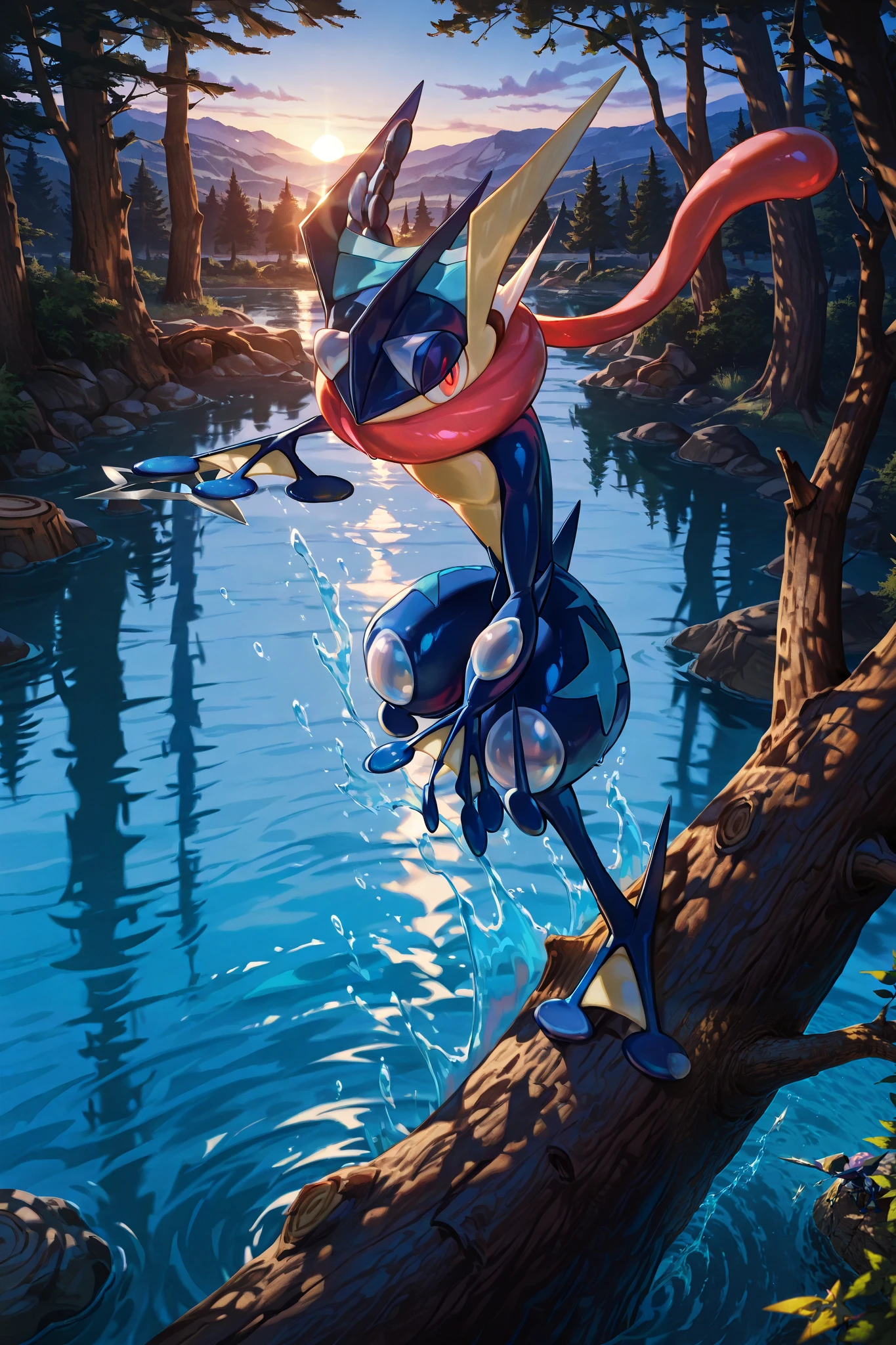 [char1="genderless, anthro blue toad, solo, greninja:1.5 three fingers, detailed eye, stands on one foot, ninja's mudra:1.5, red eyes, surrounded by water's shurikens floating water, water's jet, shuriken made of water"] char1 is on top a tree trunk, tree's top:1.5, aerial shot, top to bot view, high detailed, masterpiece, breathtaking, sdxl, trednign art, deep of view, far from the ground, , cinematic shot, dynamic lighting, 75mm, Technicolor, Panavision, cinemascope, sharp focus, fine details, 8k, HDR, realism, realistic, key visual, film still, cinematic color grading, depth of field, (anthro:0.1), (anthro:0.1)