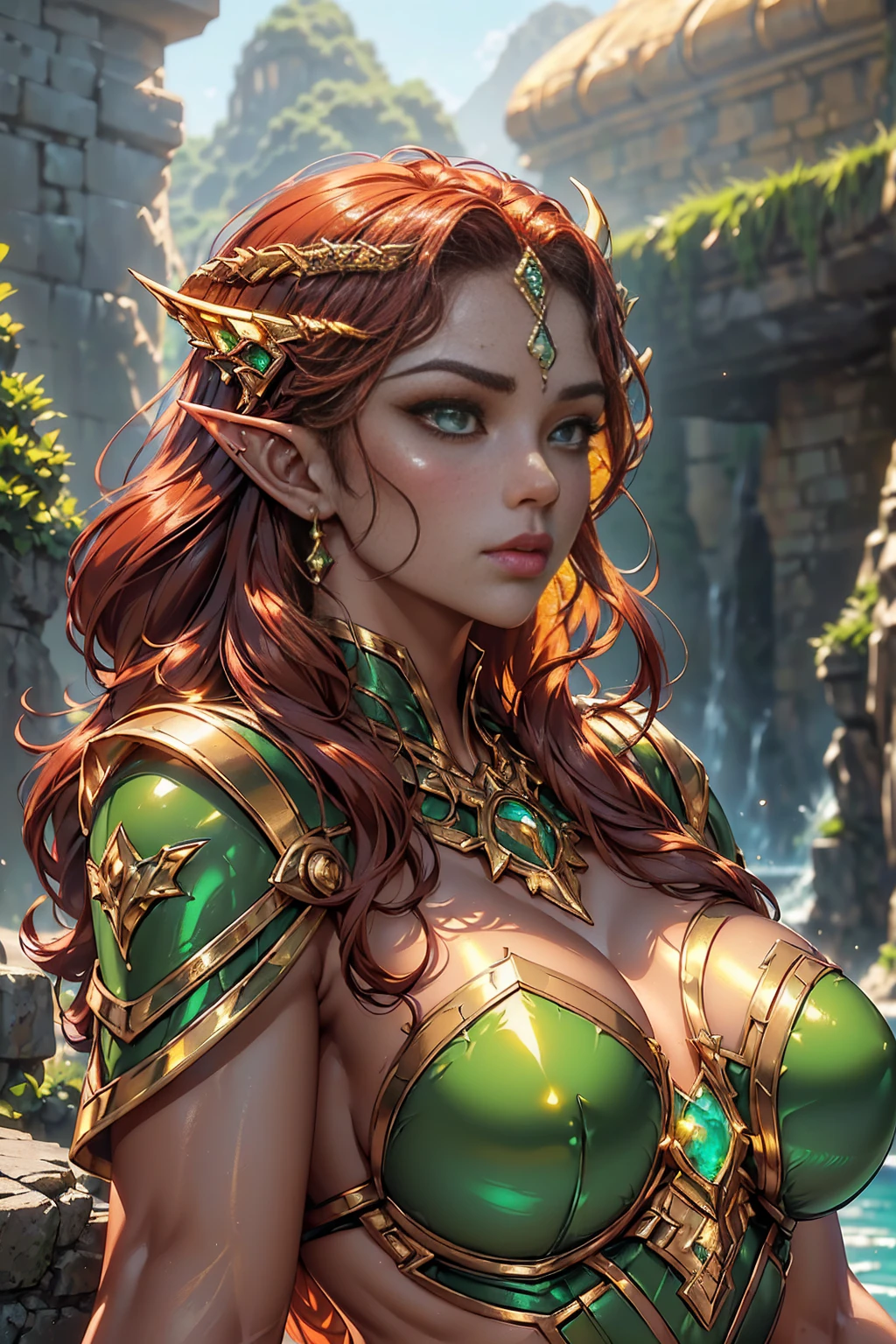 1 girl elf, (((, strong, attractive, sexy, powerful, tan skin female,)))( red hair wavy, bangs, long hair, (green eyes, statuesque oblong-shaped face, vivacious eyes, tone, long,) character shot (masterpiece), (ultra-detailed), (perfect detaill, fine and beautiful), beautiful face, beautiful eyes, (detailed face, detailed eyes), detailed lip, shiny skin, oil skin, shiny hair, sense of depth, depth of field, dynamic angle, scenery, dramatic lighting, volumetric lighting, golden hour, dangerous::2,(science ,fantasy),((magic, futuristic fantasy))  gold crown on her head, skin tight green bodysuit with gold trim, queen of atlantis, by the ocean