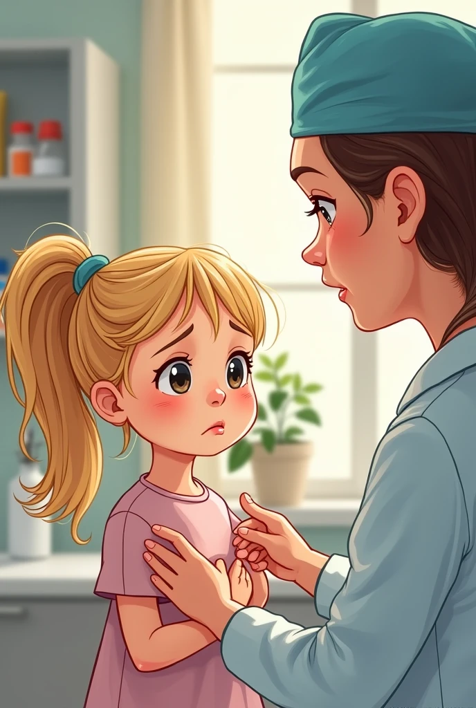 A red-haired, curly nurse is going to inject a girl and the girl is pulling her hair because she doesn&#39;t want to inject herself.
