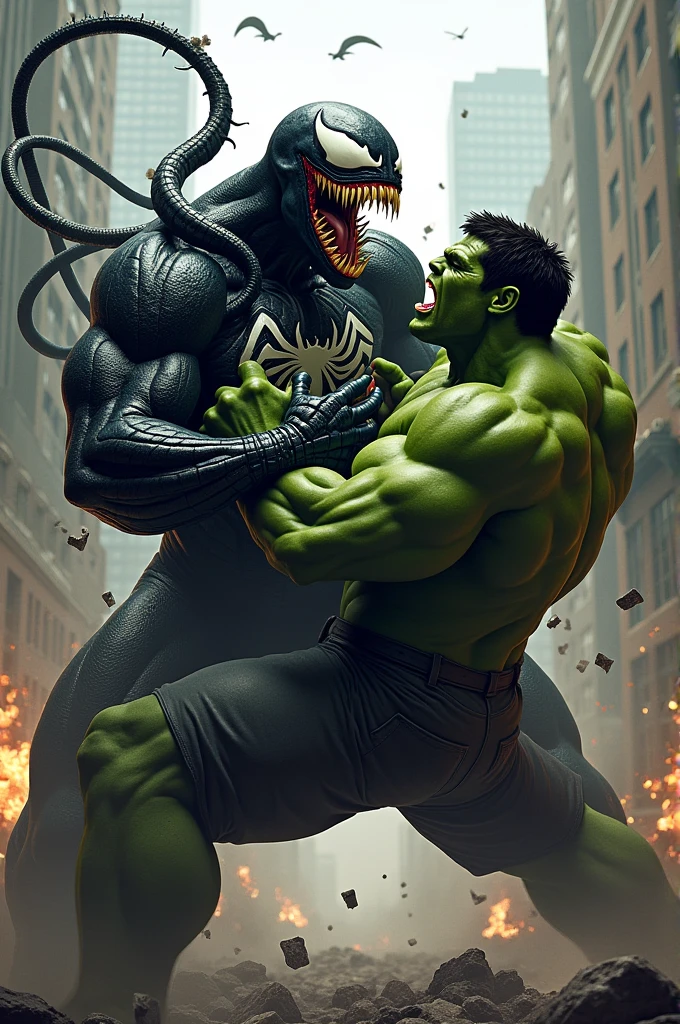 Hulk punches Thanos right in the heart while Venom hits him in the neck with his axe